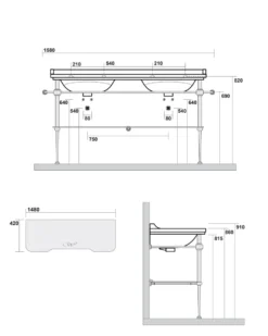 Art Deco - Dubbeltvättställ 150 cm på guldställning & glashylla
