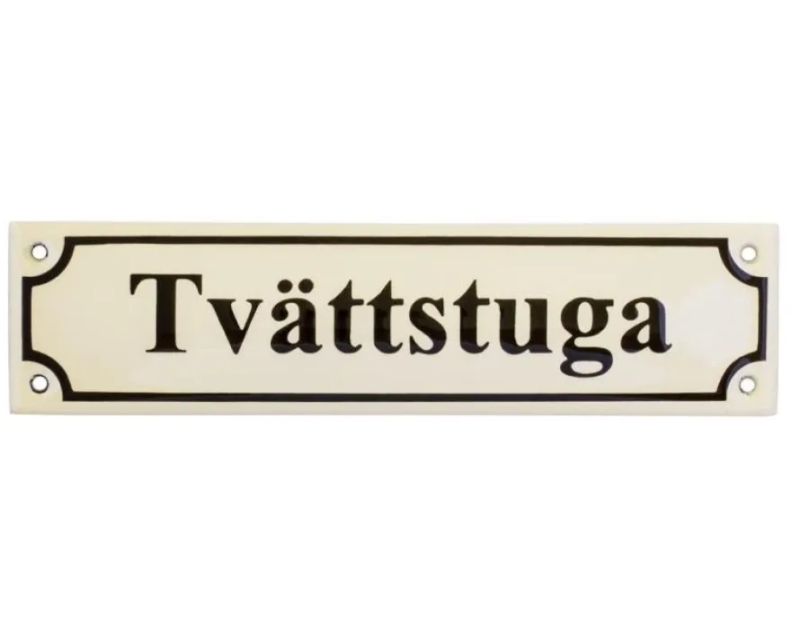 Emaljskylt - Tvättstuga vit/svart